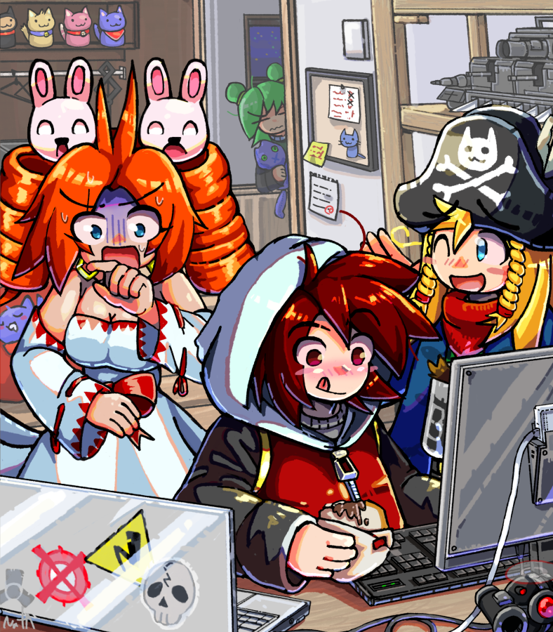 2boys, 2girls, anna_(epic_battle_fantasy), annoyed, bandana, blonde_hair, blue_eyes, blue_jacket, braid, cat, character_doll, closed_eyes, coffee, coffee_mug, computer, computer_keyboard, cup, dark_tooth_(epic_battle_fantasy), detached_sleeves, dress, eating, epic_battle_fantasy, green_hair, hat, holding, holding_stuffed_toy, hood, hoodie, jacket, lance_(epic_battle_fantasy), laptop, licking_lips, matt's_hidden_cats, matt_(epic_battle_fantasy), monitor, mug, multiple_boys, multiple_girls, nat-a-fugue, natalie_(epic_battle_fantasy), night, nolegs_(epic_battle_fantasy), one_eye_closed, orange_hair, pirate_hat, red_bandana, red_eyes, red_flybot_(epic_battle_fantasy), redhead, scared, skull_and_crossbones, sleeping, stuffed_animal, stuffed_cat, stuffed_toy, tongue, tongue_out, turn_pale, twin_braids, valkyrie_tank_(epic_battle_fantasy), wavy_mouth, white_dress