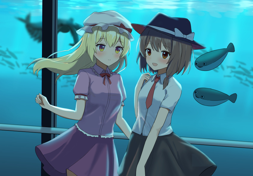 1048334293, 2girls, :d, absurdres, anomalocaris, aquarium, black_hat, black_skirt