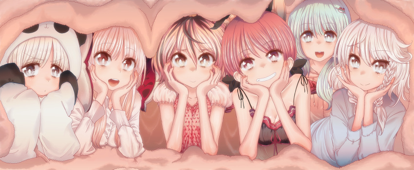 animal_costume, blanket, chin_rest, cream_(artist), cream_(nipakupa), grin, highres, izayoi_sakuya
