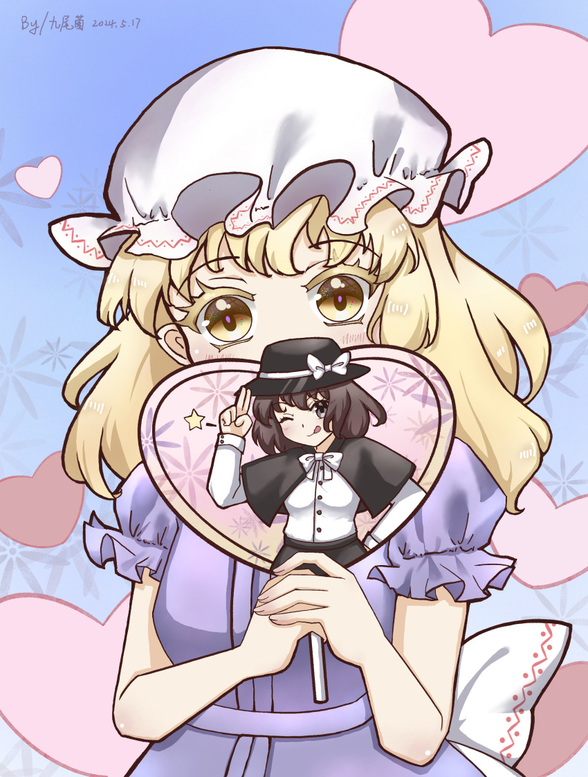 2girls, absurdres, black_capelet, black_hat, black_skirt, blonde_hair, bow, bowtie