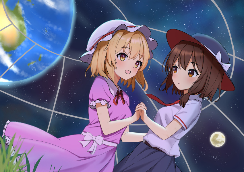 1048334293, 2girls, :d, :o, absurdres, black_hat, black_skirt, blonde_hair