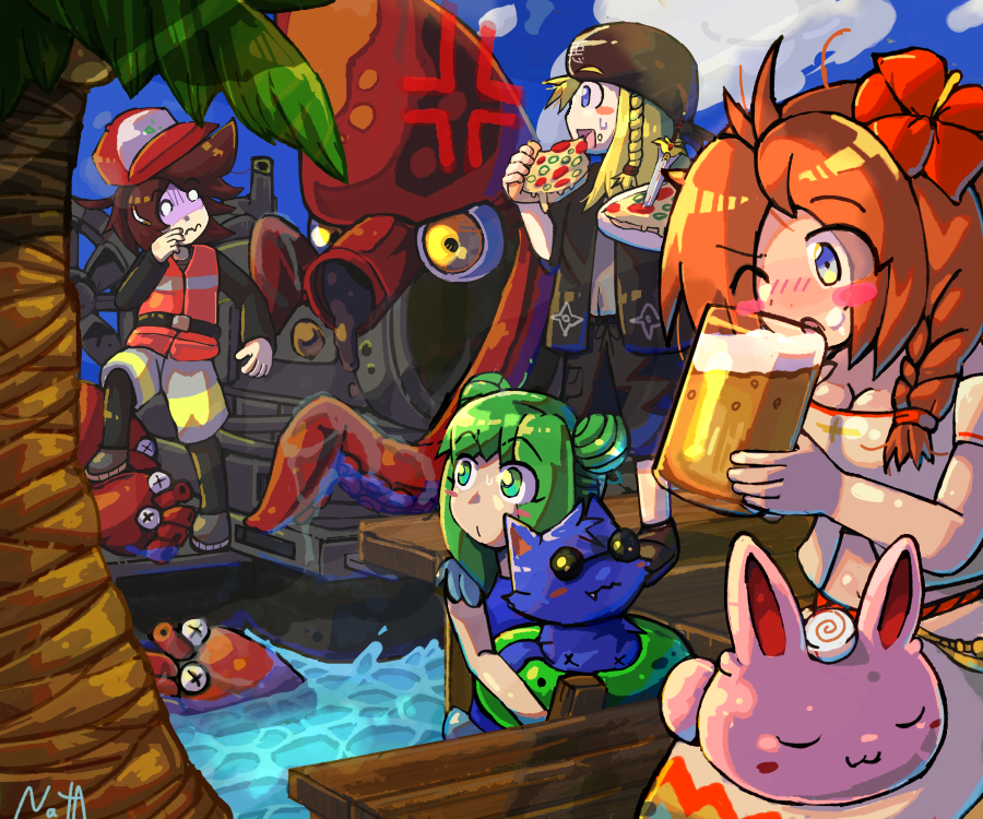 2boys, 2girls, alcohol, alternate_hairstyle, anger_vein, anna_(epic_battle_fantasy), bandana, beach