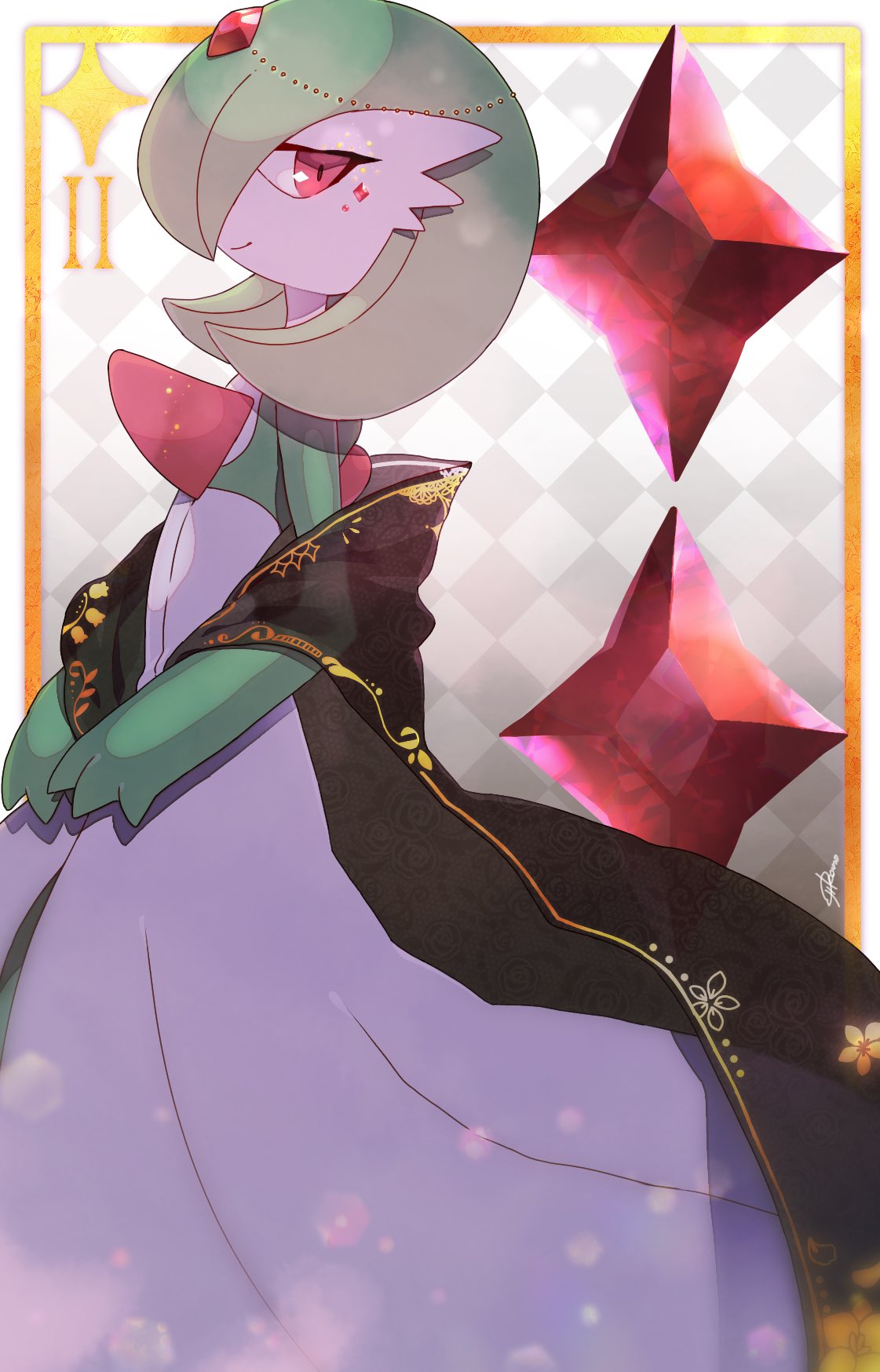 black_shawl, bob_cut, checkered_background, colored_skin, dress, from_side, gardevoir, gem