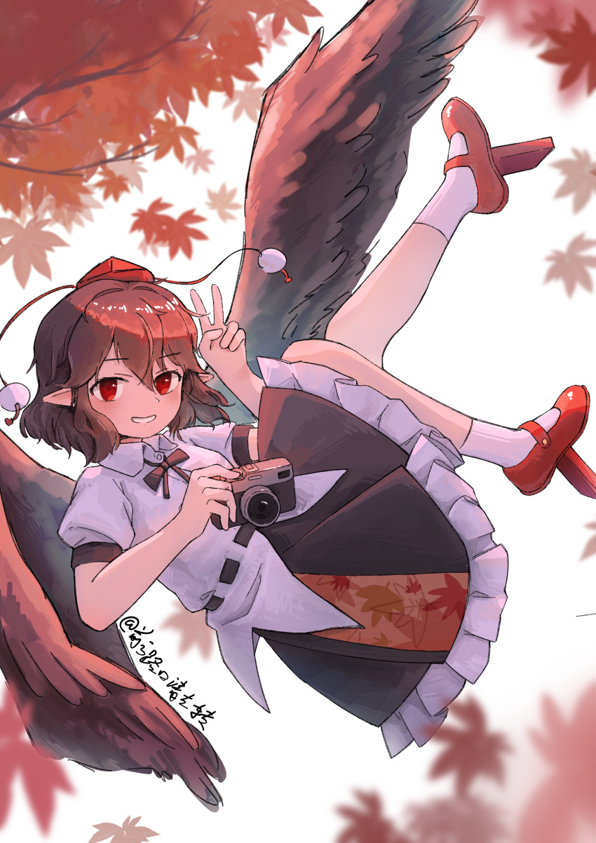 1girl, absurdres, ankle_socks, autumn_leaves, belt, bird_wings, black_belt, black_hair