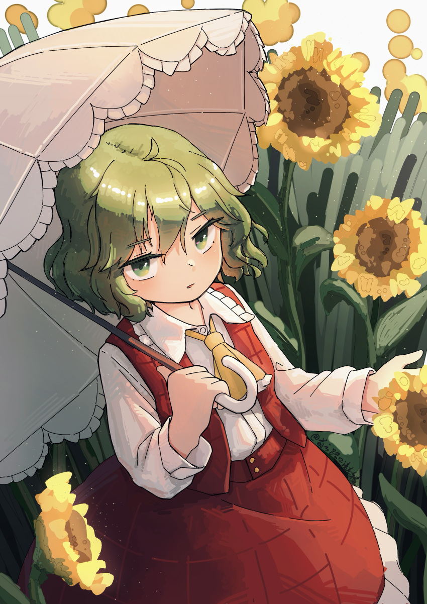 1girl, absurdres, ascot, collared_shirt, flower, frilled_shirt_collar, frilled_skirt, frilled_umbrella, frills, from_above, green_eyes, green_hair, highres, kazami_yuuka, long_sleeves, lyutikovski, open_clothes, open_vest, parasol, parted_lips, pink_umbrella, plaid_clothes, plaid_skirt, plaid_vest, red_skirt, red_vest, shirt, short_hair, skirt, solo, sunflower, touhou, umbrella, vest, wavy_hair, white_shirt, yellow_ascot