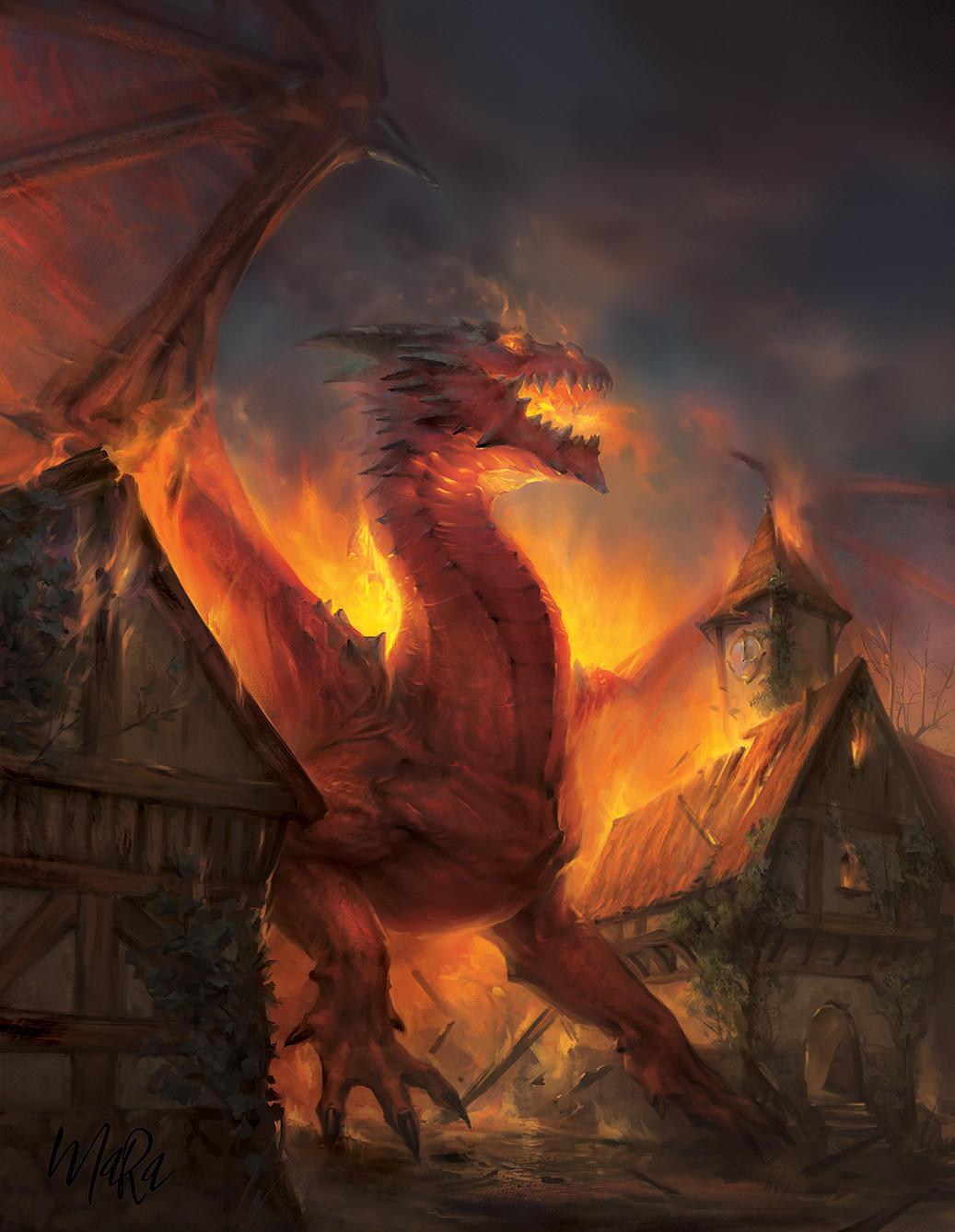 animal_focus, breath_weapon, breathing_fire, building, burning, claws, commentary, dragon, dungeons_&amp;_dragons, english_commentary, eye_trail, fantasy, fire, giant, giant_monster, glowing, glowing_eye, highres, house, ivy, light_trail, monster, no_humans, open_mouth, outdoors, raluca_marinescu, red_dragon_(d&amp;d), sharp_teeth, signature, smoke, solo, teeth, western_dragon, wings, yellow_eyes