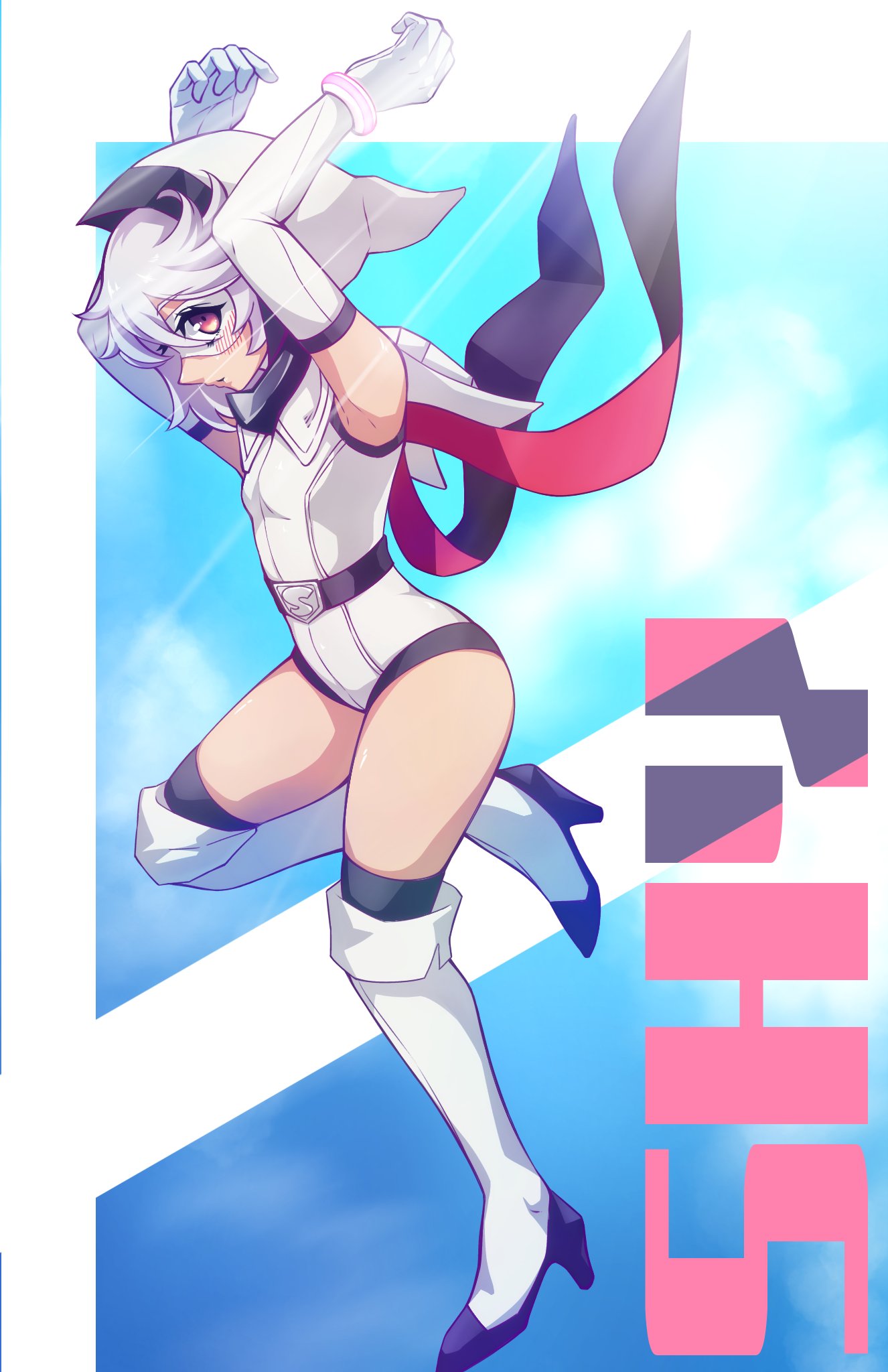 1girl, aygoftenover, belt, black_belt, boots, copyright_name, elbow_gloves, eye_mask