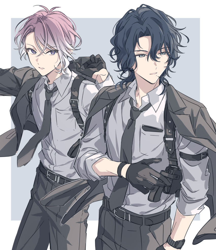 18trip, 2boys, arm_belt, arm_up, belt, black_belt, black_bracelet, black_gloves