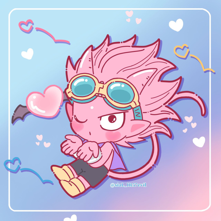 1boy, bat_wings, beelzebub_(sand_land), black_eyes, blowing_kiss, boots, cape, chibi
