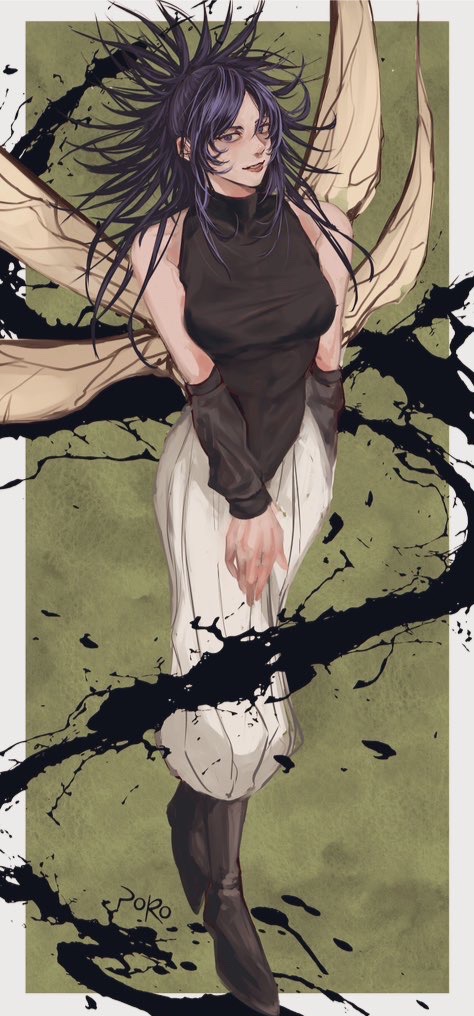 1girl, black_footwear, black_hair, jujutsu_kaisen, leotard, leotard_under_clothes, looking_at_viewer, pants, rei_(poro06625649), sleeveless, sleeveless_turtleneck, solo, turtleneck, white_pants, yorozu_(jujutsu_kaisen)