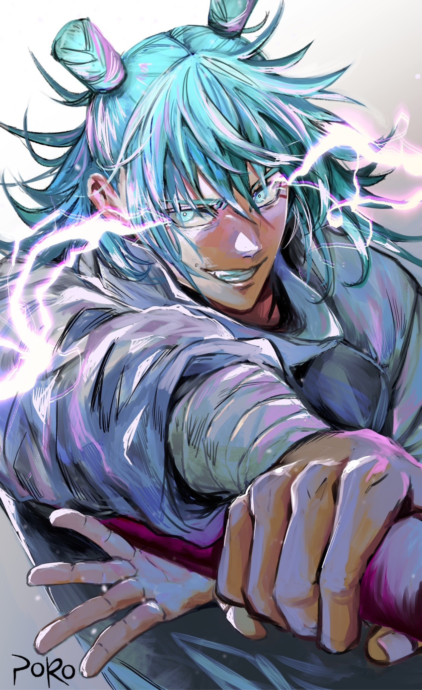 1boy, aqua_eyes, aqua_hair, double_bun, farmer, grin, hair_bun, highres
