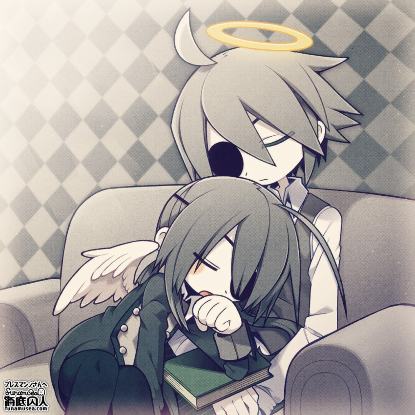 1boy, 1girl, ahoge, alela_grora_(funamusea), angel, angel_wings, argyle_background, artist_logo