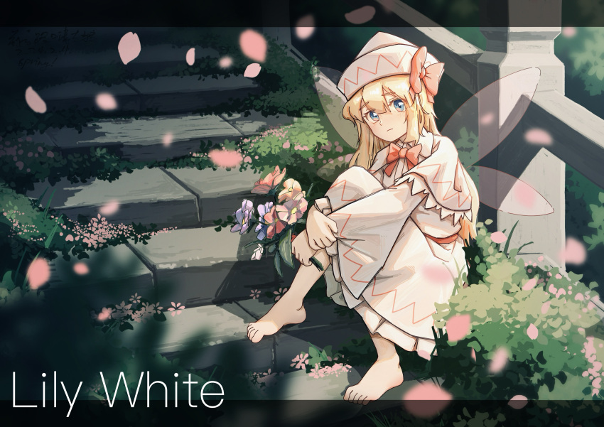 1girl, absurdres, barefoot, blonde_hair, blue_eyes, bow, bowtie, bush