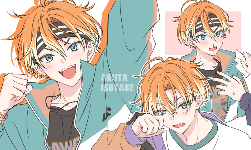 18trip, 1boy, aqua_jacket, arm_up, black_shirt, blood, blood_on_chest, blood_on_clothes