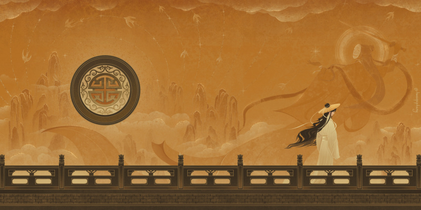 1boy, architecture, bai_wuxiang, bird, black_hair, brown_hair, chinese_clothes, closed_eyes