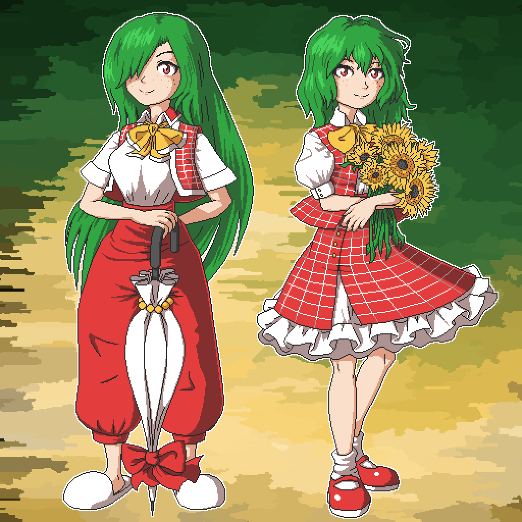 aksawshin, ascot, closed_umbrella, field, flower, flower_field, freckles, green_hair