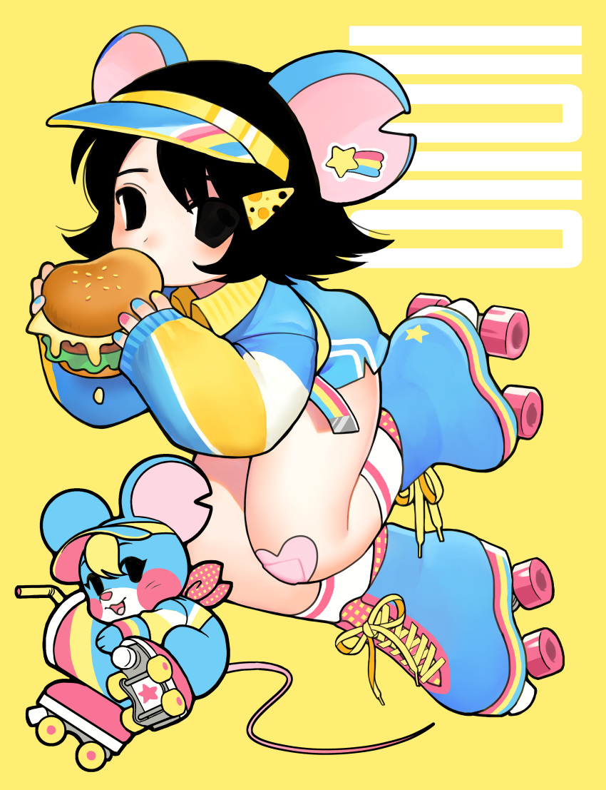 2girls, absurdres, animal_ears, bandaid, bandaid_on_knee, bandaid_on_leg, black_hair, burger