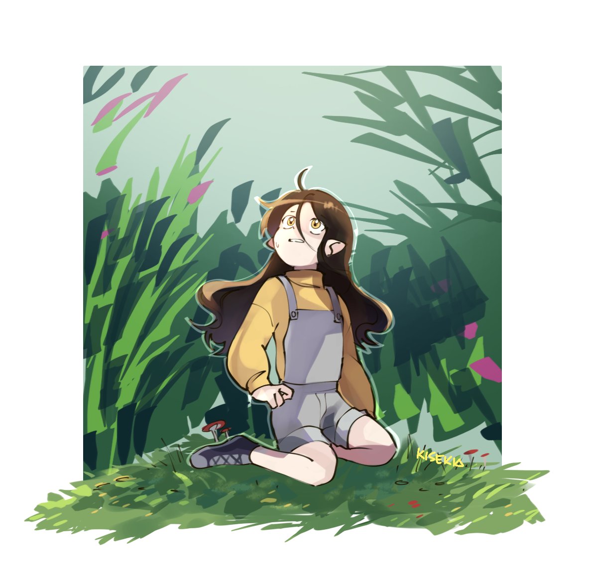 1girl, ahoge, brown_hair, commentary, empires_smp, english_commentary, grass, kisekiii_25