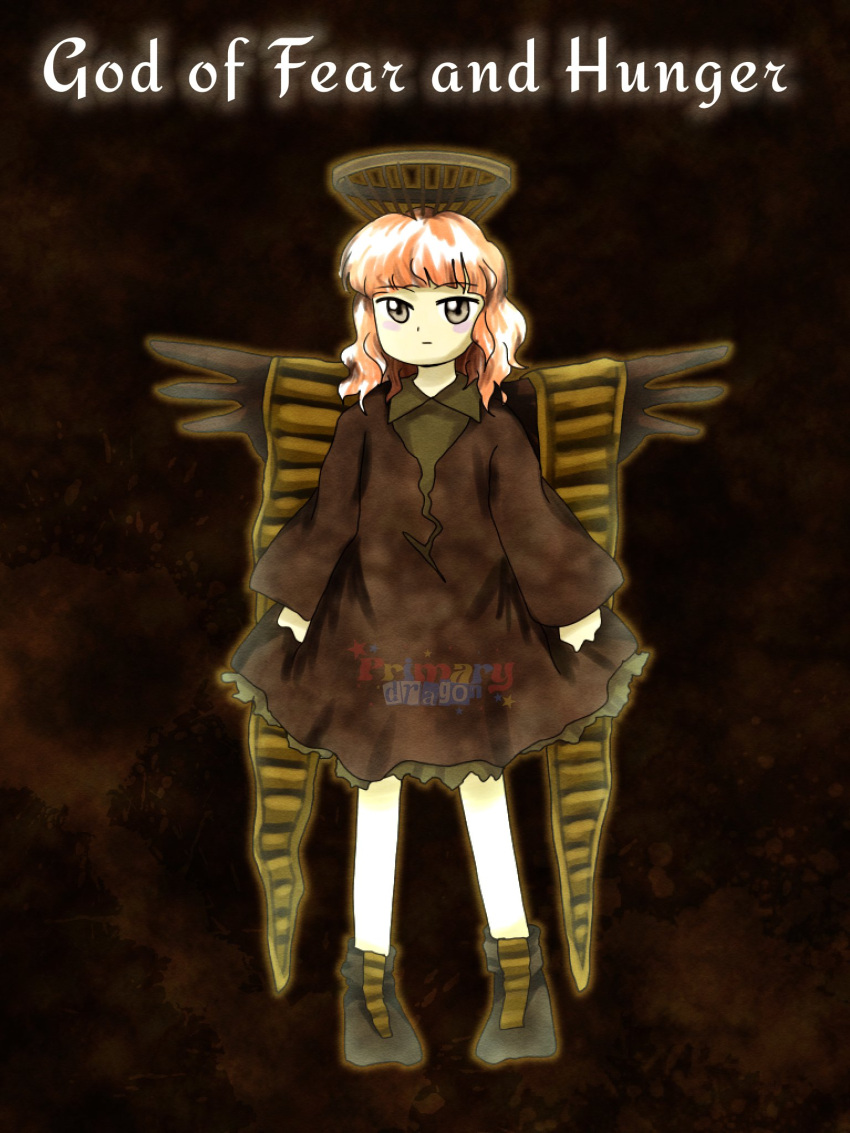 1girl, artist_name, brown_background, brown_dress, brown_eyes, brown_footwear, character_name, child