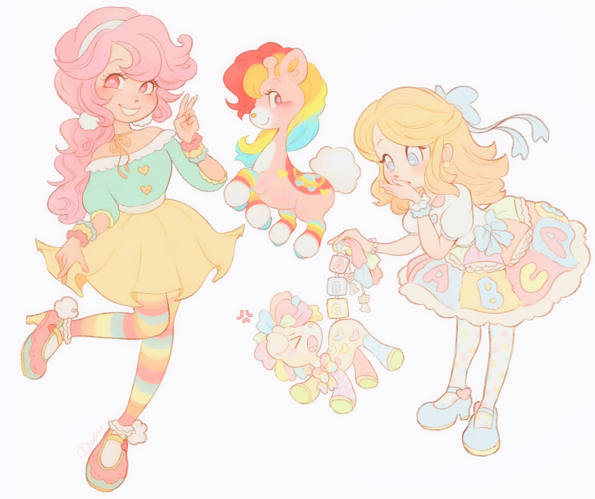 2girls, animal, annoyed, bent_over, blonde_hair, blush, colorful, creature_and_personification