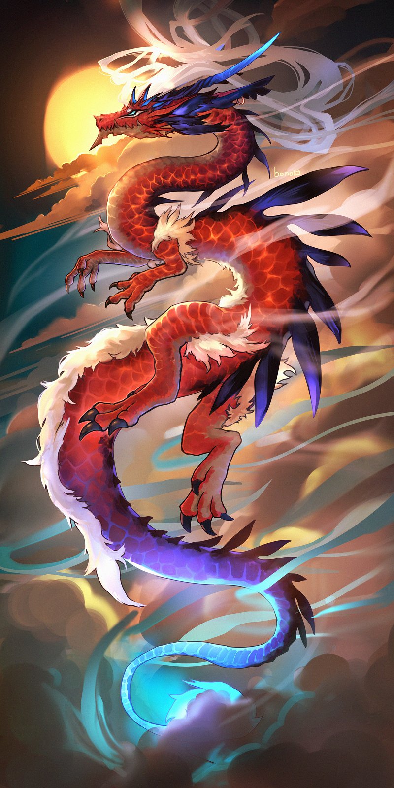 animal_focus, blue_eyes, blue_horns, bono_(bonobo0088), claws, clouds, dragon, eastern_dragon