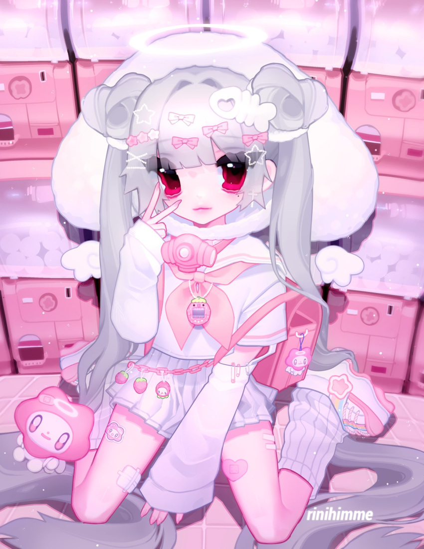 1girl, angel, apollo_(rinihimme), artist_name, backpack, bag, bag_charm, bandaid