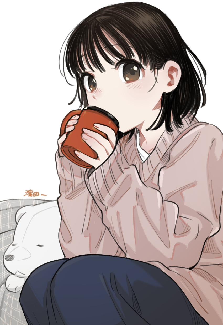 1girl, black_hair, blue_pants, brown_eyes, brown_sweater, character_request, commentary_request, copyright_request