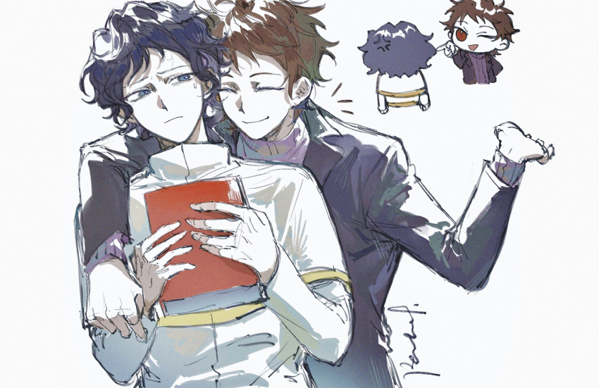 2boys, arm_around_shoulder, blue_eyes, blue_hair, book, brown_hair, capelet, chinese_commentary
