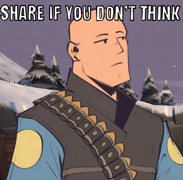 1boy, ammunition_belt, bald, black_vest, blu_heavy_(tf2), blue_shirt, blue_sky, closed_mouth, commentary, english_commentary, english_text, fujimna, heavy_(tf2), image_macro_(meme), impact_(font), light_frown, looking_to_the_side, male_focus, meme, popped_collar, shirt, sky, snow, snowing, solo, team_fortress_2, tree, upper_body, vest