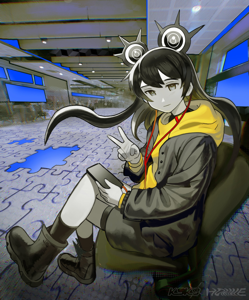 1girl, absurdres, artist_logo, black_eyes, black_footwear, black_hair, black_socks, boots