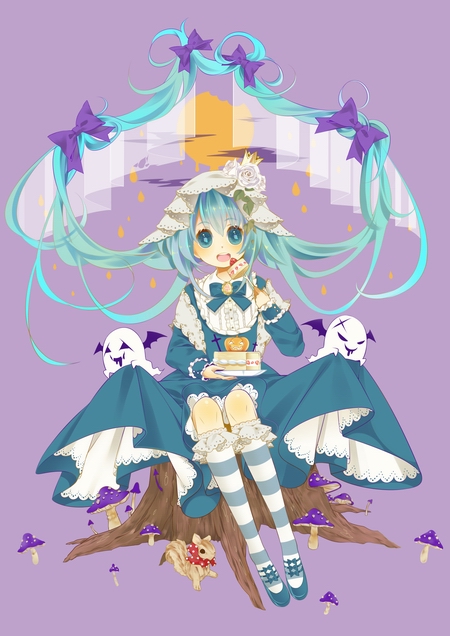 blush, bow, cake, copyright_request, dress, food, ghost, halloween