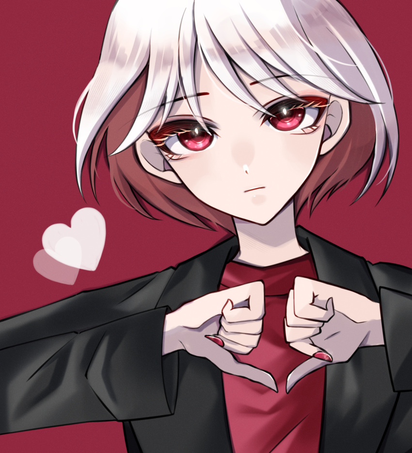 1girl, black_jacket, closed_mouth, expressionless, hands_up, heart, heart_111_(yuri), heart_hands