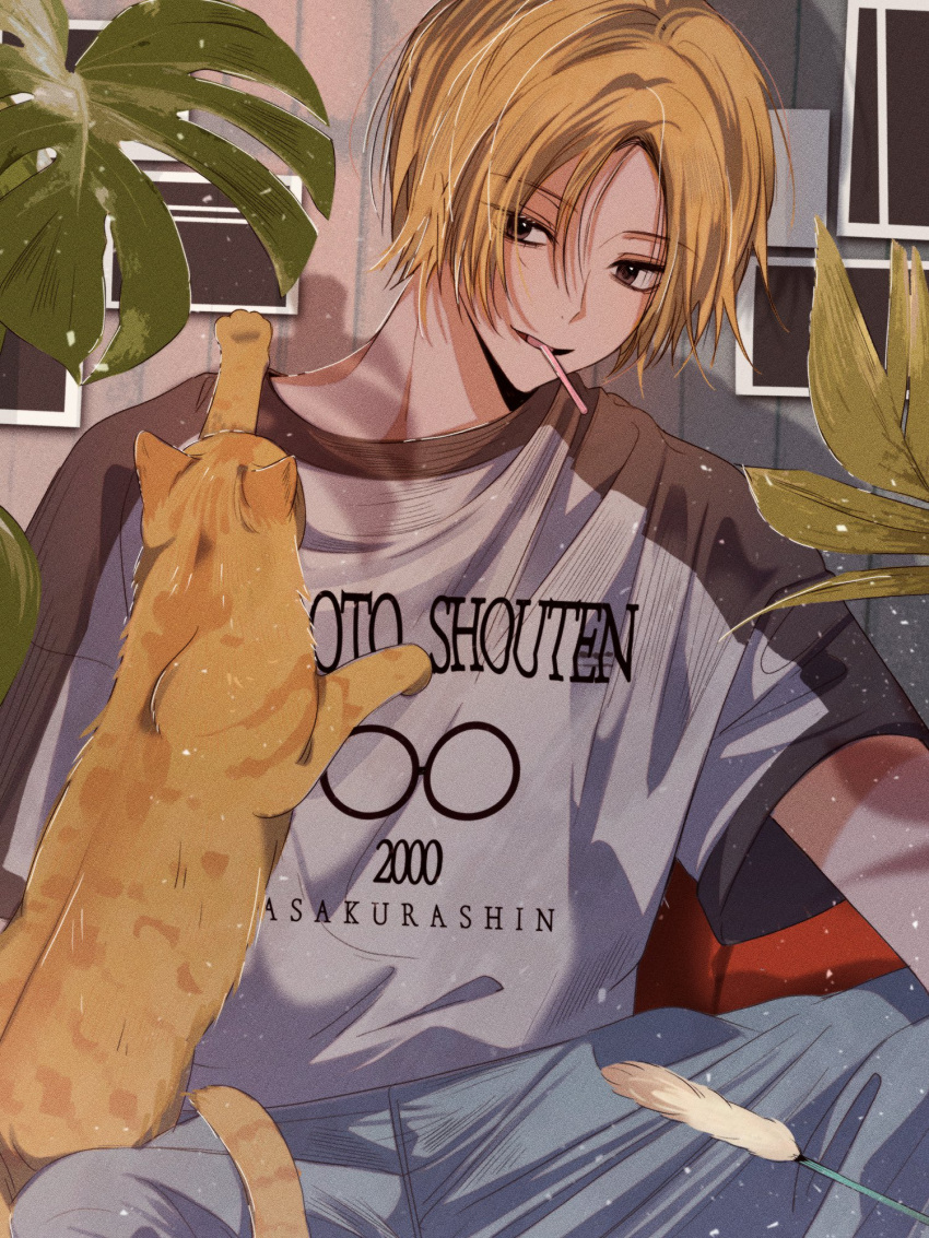 1boy, animal, animal_ears, animal_hands, arm_out_of_frame, blonde_hair, blue_pants, brown_eyes