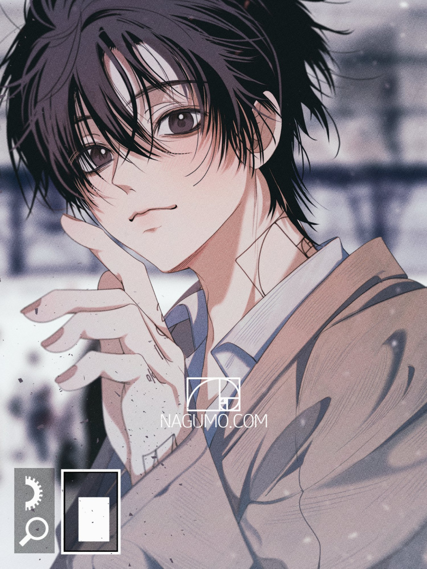 1boy, arm_up, blurry, blurry_background, brown_eyes, brown_hair, brown_jacket, closed_mouth