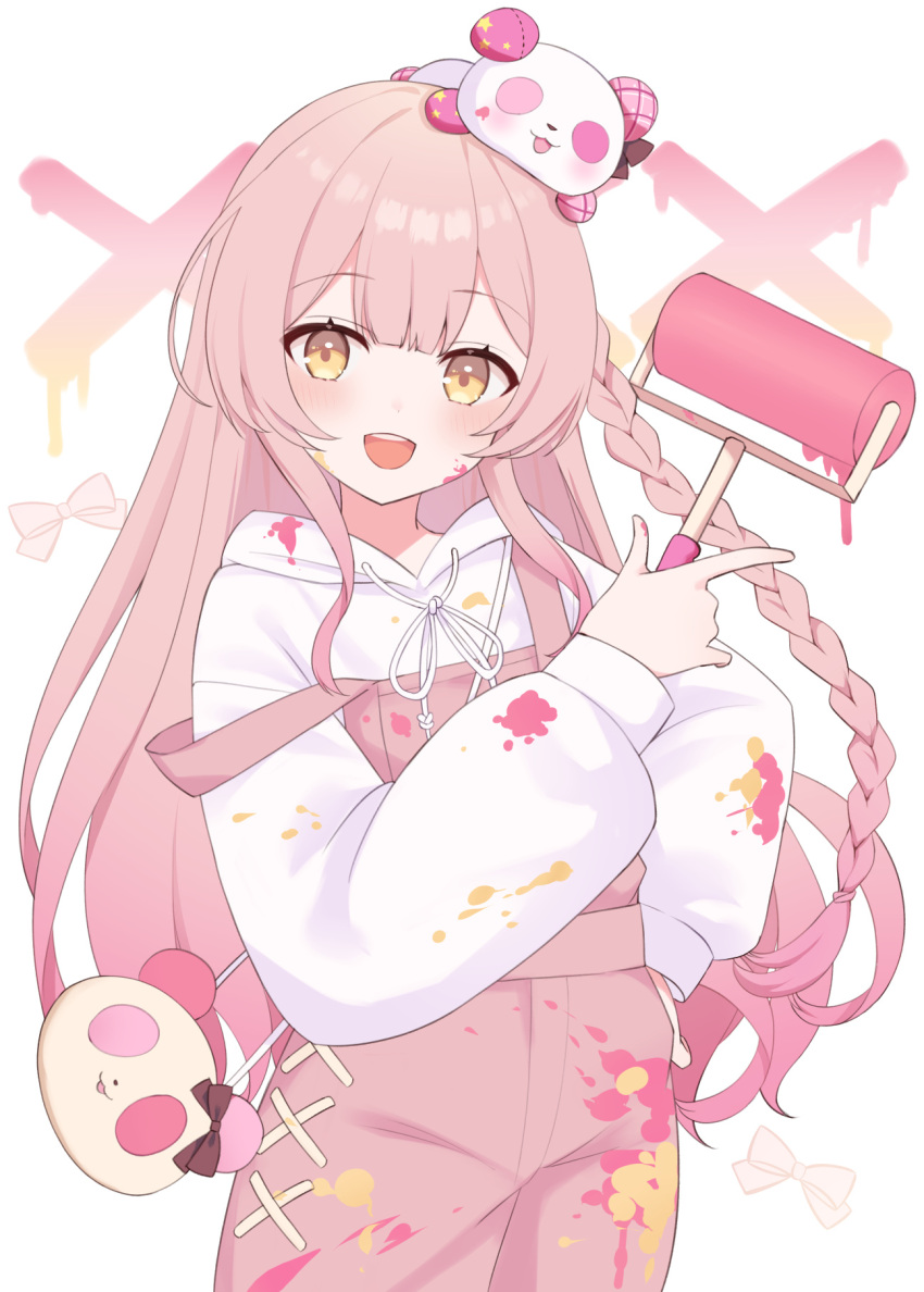 1girl, animal_bag, blush, braid, commission, drawstring, furutori, hand_on_own_hip, highres, holding, holding_paint_roller, hood, hoodie, long_hair, long_sleeves, open_mouth, original, overalls, paint_roller, paint_splatter, pink_hair, skeb_commission, smile, solo, strap_slip, stuffed_animal, stuffed_panda, stuffed_toy, tied_drawstring, very_long_hair, yellow_eyes