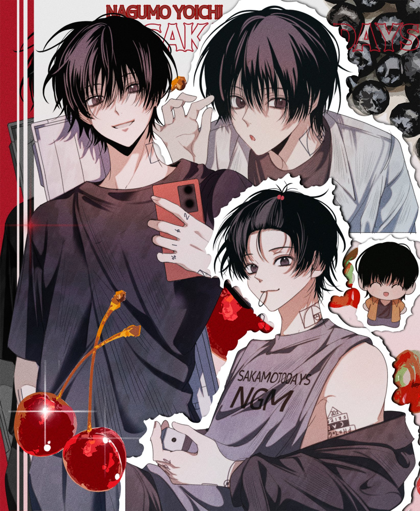 1boy, ^_^, black_jacket, black_shirt, blueberry, brown_eyes, brown_hair, cellphone