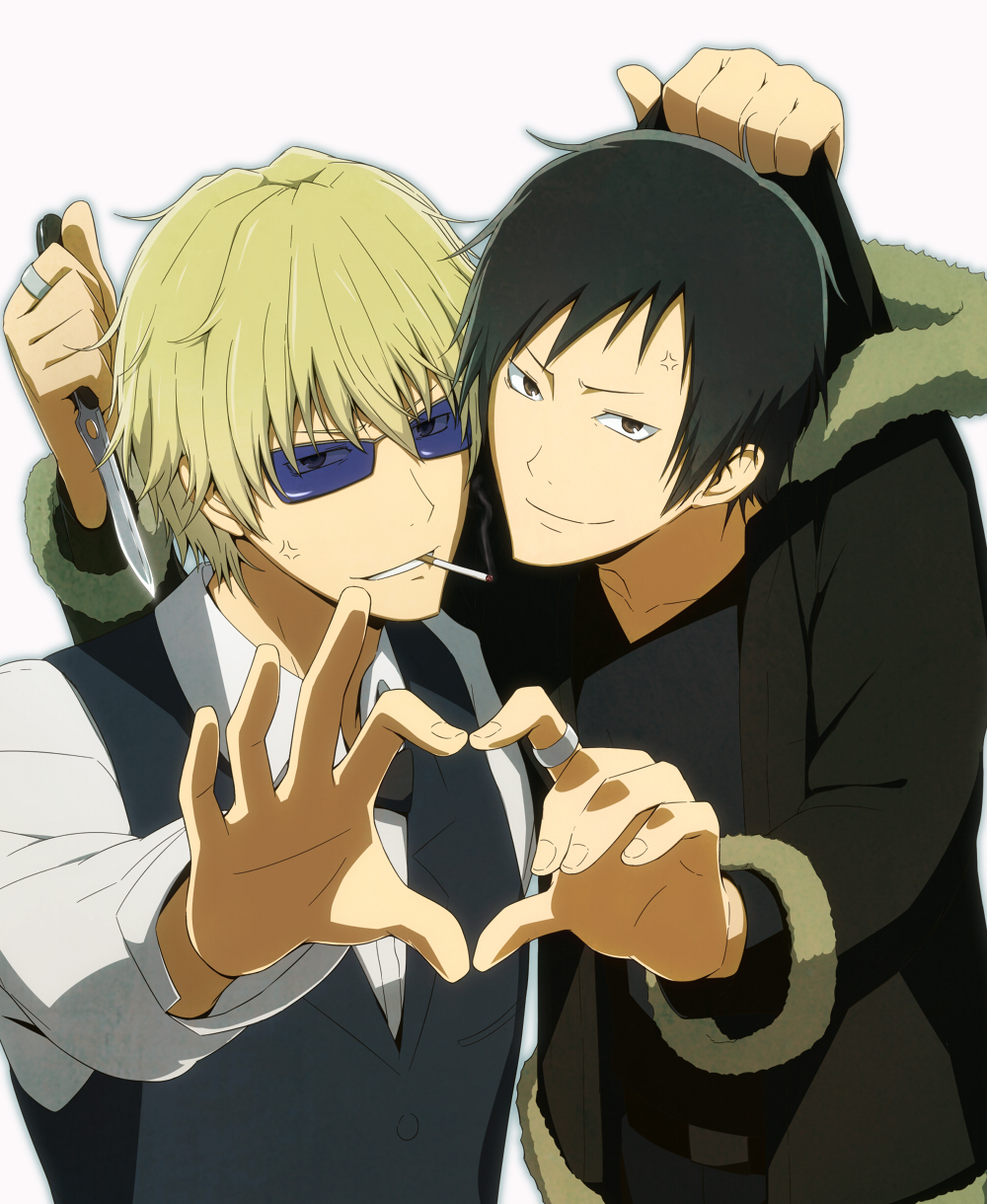 anger_vein, angry, black_hair, blonde_hair, blood, cheek-to-cheek, cheek_to_cheek, cigarette