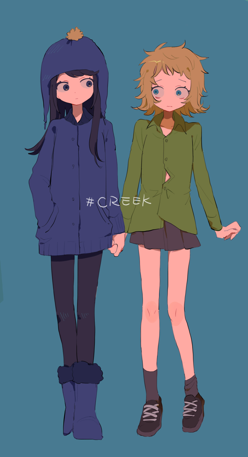 2girls, absurdres, animification, bags_under_eyes, black_hair, blonde_hair, blue_background, blue_eyes