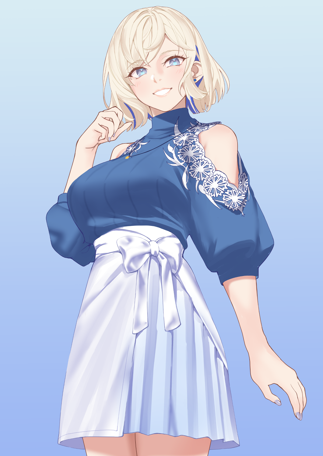 1girl, alternate_costume, blonde_hair, blue_background, blue_eyes, blue_hair, blue_nails, blue_sweater