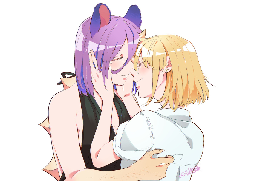 2girls, black_dress, blonde_hair, bocchi_kaibutsu_to_moumoku_shoujo, closed_eyes, closed_mouth, commentary_request, crying