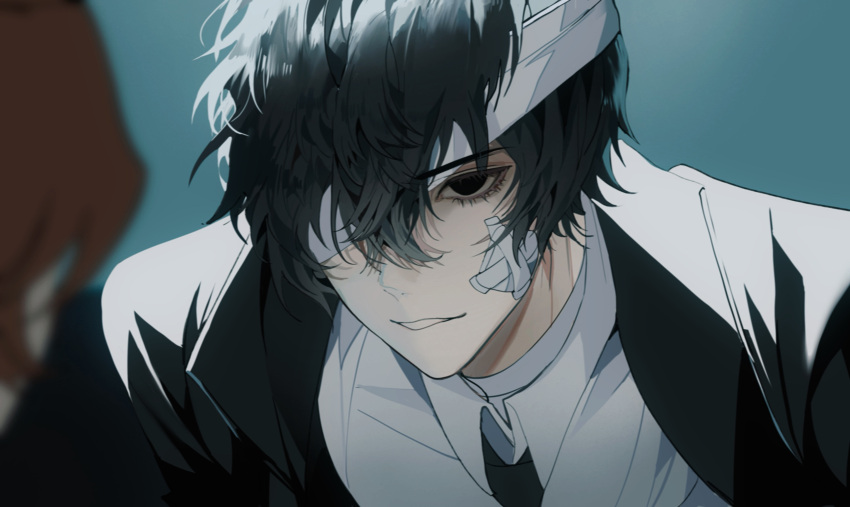 2boys, absurdres, bandage_over_one_eye, bandaged_head, bandages, bandaid, bandaid_on_face, black_eyes, black_hair, black_jacket, black_necktie, bungou_stray_dogs, collared_shirt, dazai_osamu_(bungou_stray_dogs), doupichipizi, highres, indoors, jacket, lapels, male_focus, multiple_boys, necktie, notched_lapels, one_eye_covered, parted_lips, shirt, short_hair, single_blank_eye, solo_focus, upper_body, white_shirt
