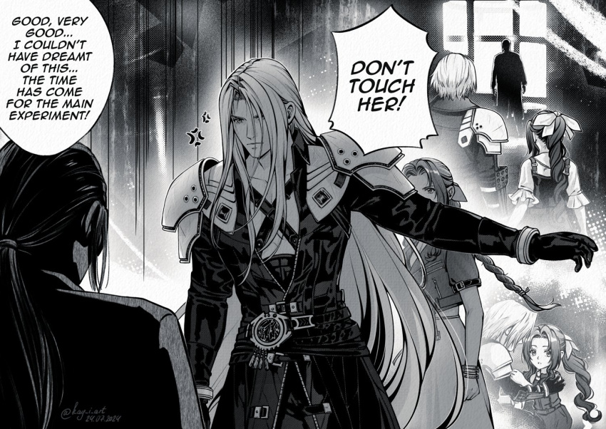 1girl, 2boys, aerith_gainsborough, aged_down, alternate_universe, anger_vein, bangle, belt