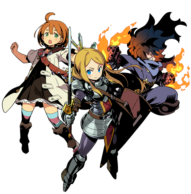 1boy, 2girls, ahoge, alchemist_(sekaiju), alchemist_1_(sekaiju), armor, belt, blonde_hair