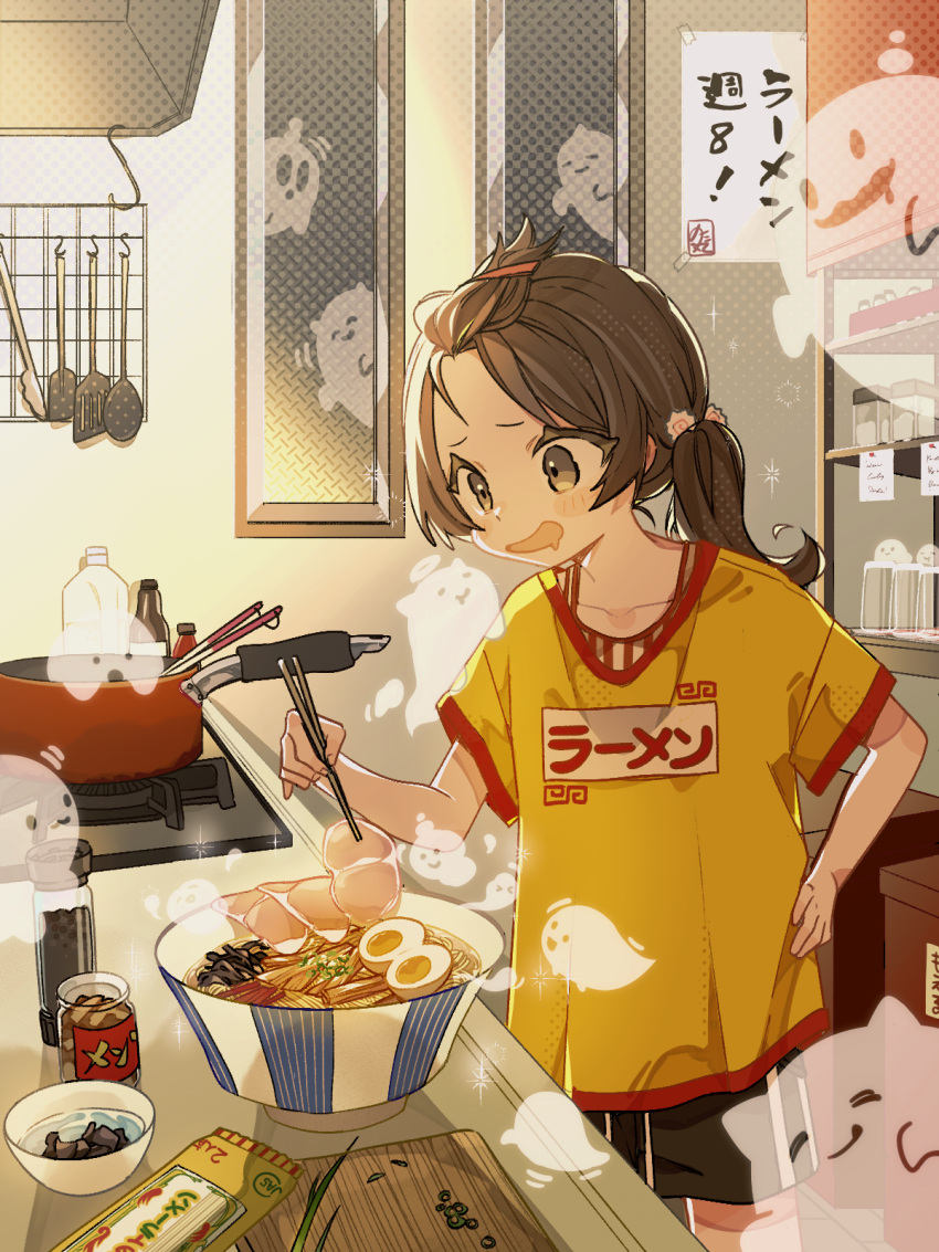 1girl, bangs_pinned_back, bowl, brown_eyes, brown_hair, chopsticks, cooking_pot, drooling