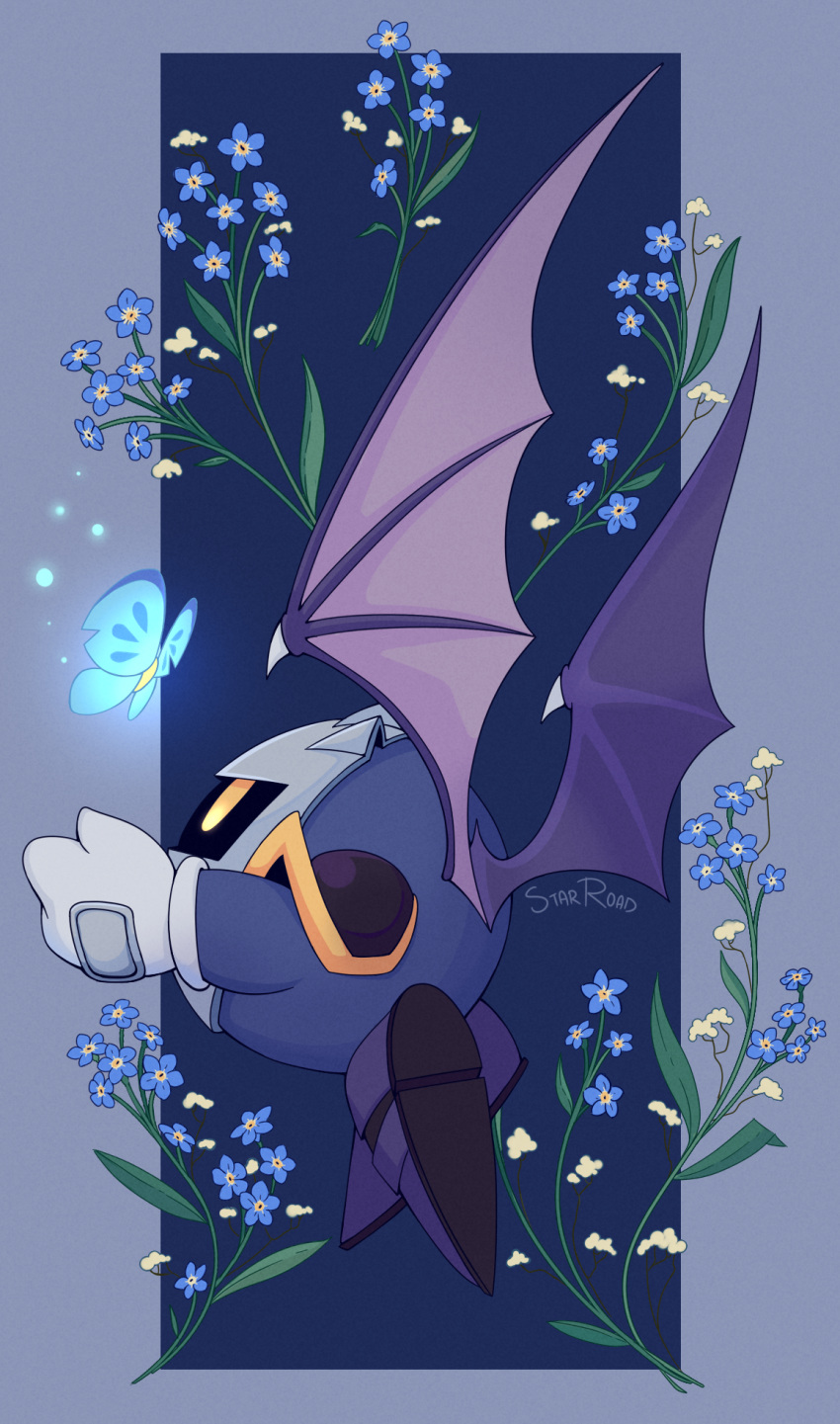 armor, bat_wings, blue_butterfly, blue_flower, bug, butterfly, butterfly_wings, flower