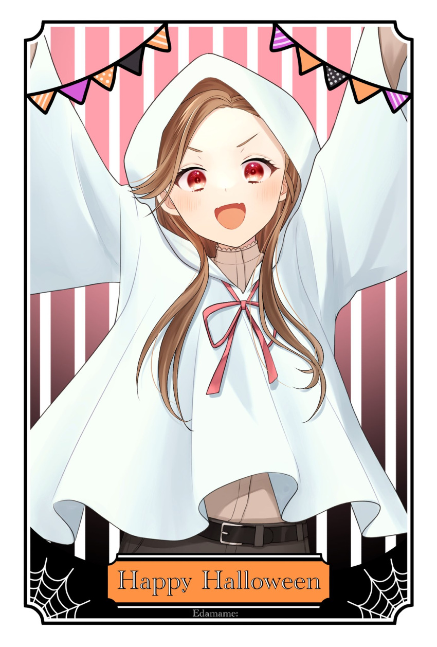 1girl, :d, alternate_costume, alternate_hairstyle, arms_up, artist_name, belt, belt_buckle