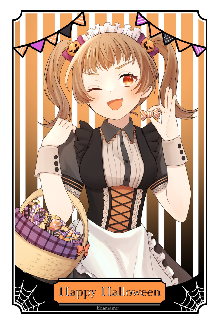 1girl, ;d, alternate_costume, apron, artist_name, basket, black_dress, blush