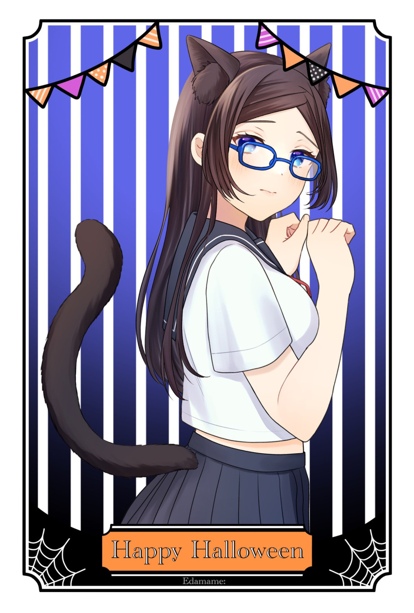 1girl, alternate_costume, animal_ear_fluff, animal_ears, artist_name, blue-framed_eyewear, blue_background, blue_eyes