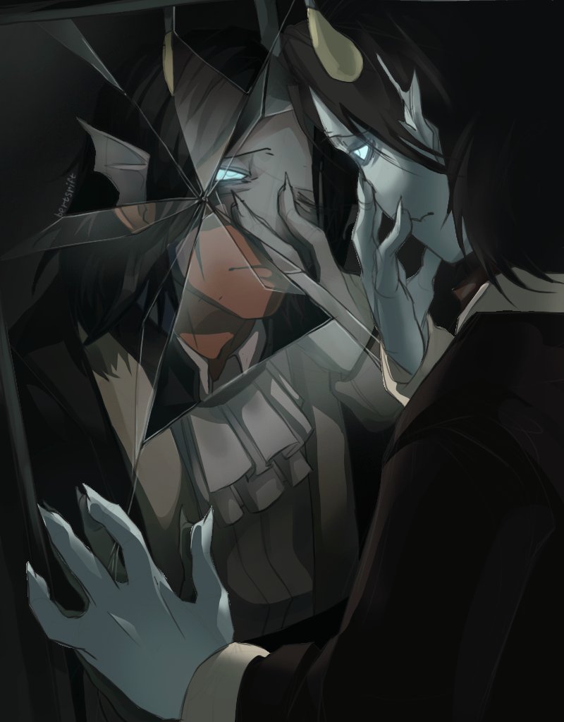 2boys, anglerfish_boy, ascot, black_hair, blue_eyes, blue_sclera, blue_skin, br_not_here