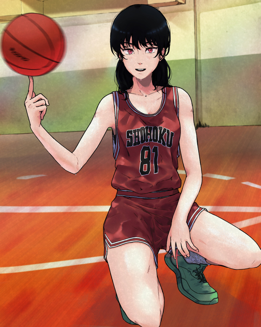 1girl, absurdres, balancing_ball, ball, bare_arms, basketball_(object), basketball_uniform, between_legs